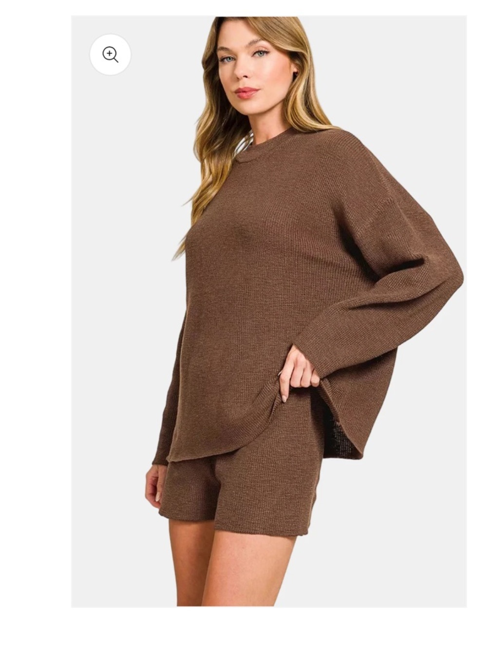 ZENANA Cozy Knit Round Neck Sweater &
Sweater Shorts Set / BROWN - Picture 2 of 4